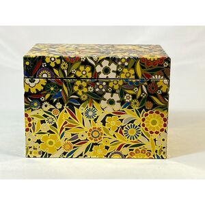 Vintage J Chein Metal Retro Recipe Box Flower Power Floral Black Gold USA MCM